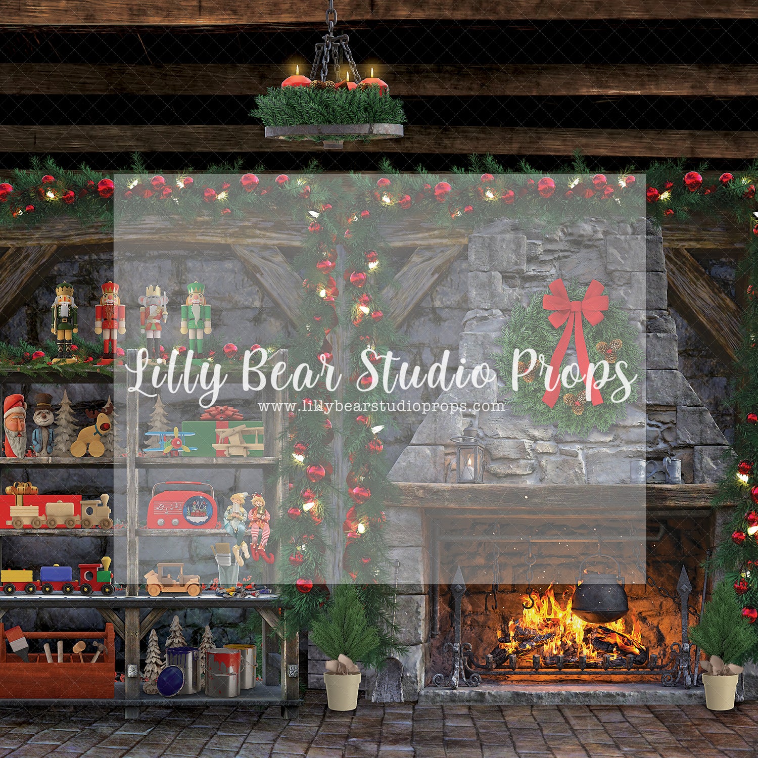 Cobblestone Christmas Cabin - Lilly Bear Studio Props, christmas, Cozy, Decorated, Festive, Giving, Holiday, Holy, Hopeful, Joyful, Merry, Peaceful, Peacful, Red & Green, Seasonal, Winter, Xmas, Yuletide