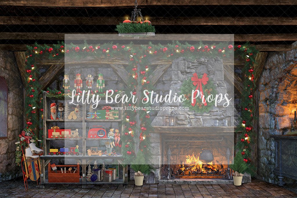 Cobblestone Christmas Cabin - Lilly Bear Studio Props, christmas, Cozy, Decorated, Festive, Giving, Holiday, Holy, Hopeful, Joyful, Merry, Peaceful, Peacful, Red & Green, Seasonal, Winter, Xmas, Yuletide