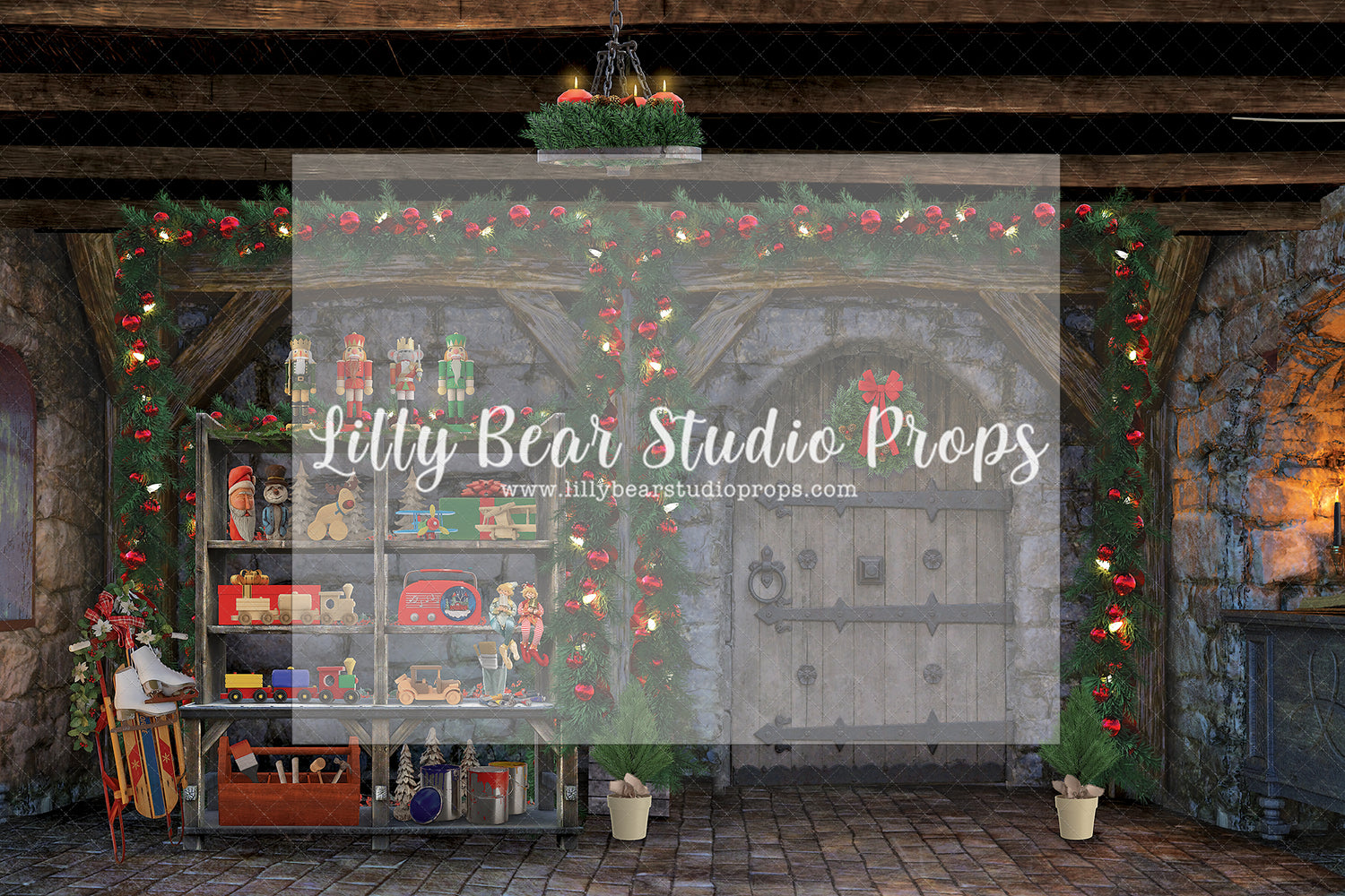 Cobblestone Christmas Entry - Lilly Bear Studio Props, christmas, Cozy, Decorated, Festive, Giving, Holiday, Holy, Hopeful, Joyful, Merry, Peaceful, Peacful, Red & Green, Seasonal, Winter, Xmas, Yuletide