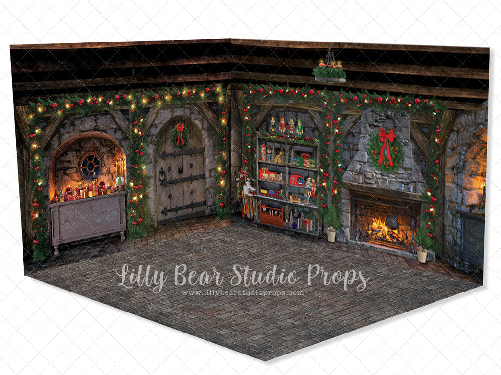 Cobblestone Holiday Cabin Room - Lilly Bear Studio Props, black fireplace, bohemian christmas, bohemian fireplace, bohemian mantel, boho, boho christmas, boho holiday, boho mantel, christmas, christmas mantel, christmas village, evergreen trees, evergreens, Fabric, fireplace, holiday, holiday christmas, mantel, Pampas, pine trees, white christmas, white holiday, Wrinkle Free Fabric