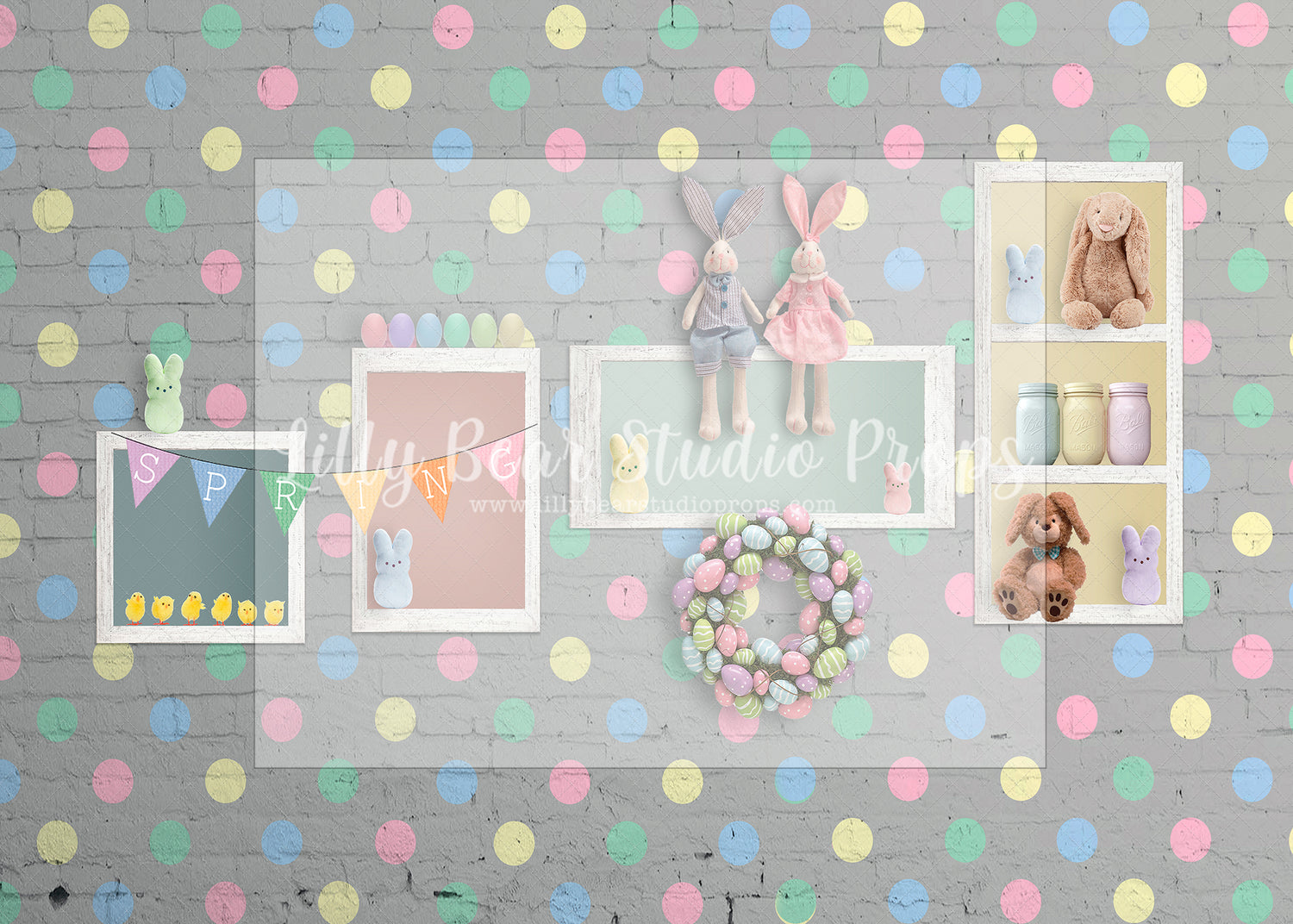 Colourful Polka Dot Bunny Wall-Grey - Lilly Bear Studio Props, bunnies, bunny, easter, easter backdrop, easter bunny, easter doors, easter egg, easter flowers, easter mini, FABRICS, happy easter, some bunnies one, some bunny is one, some bunny's one, spring bunny