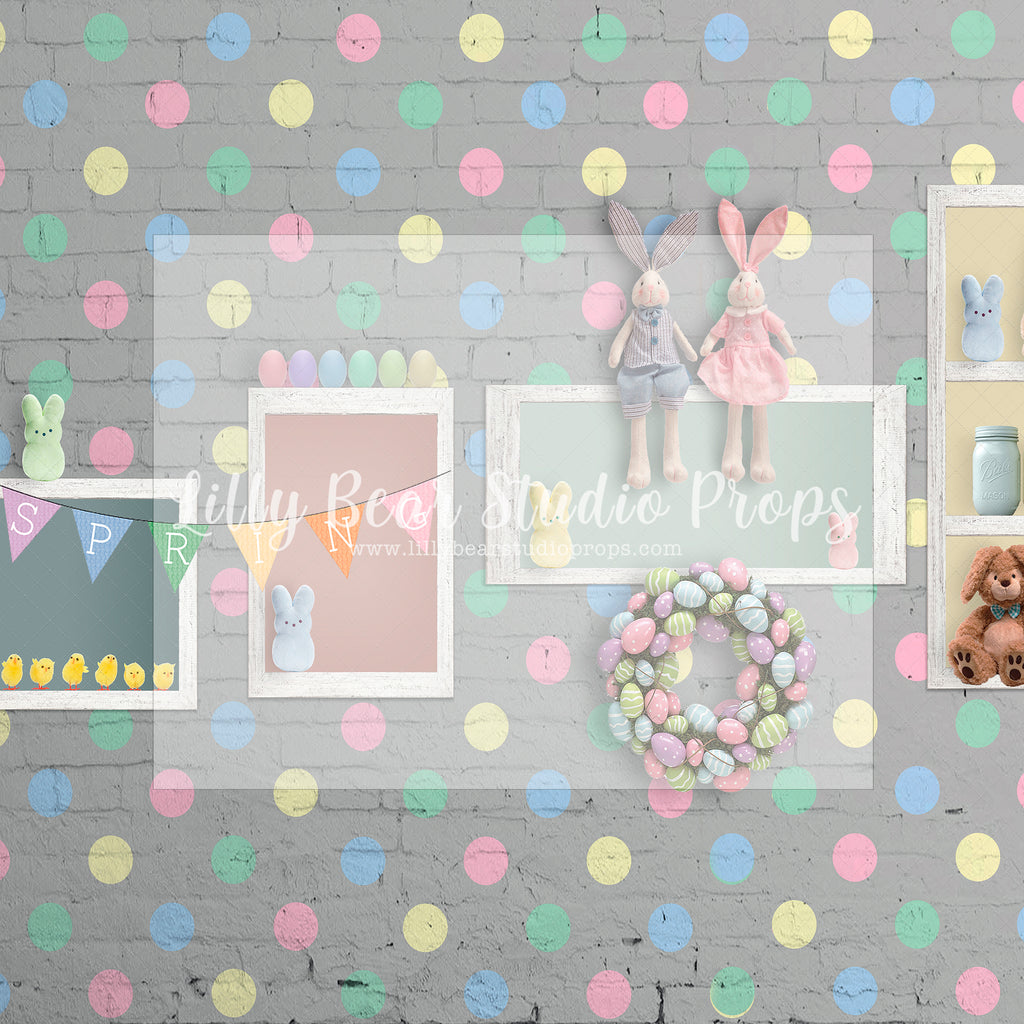Colourful Polka Dot Bunny Wall-Grey - Lilly Bear Studio Props, bunnies, bunny, easter, easter backdrop, easter bunny, easter doors, easter egg, easter flowers, easter mini, FABRICS, happy easter, some bunnies one, some bunny is one, some bunny's one, spring bunny