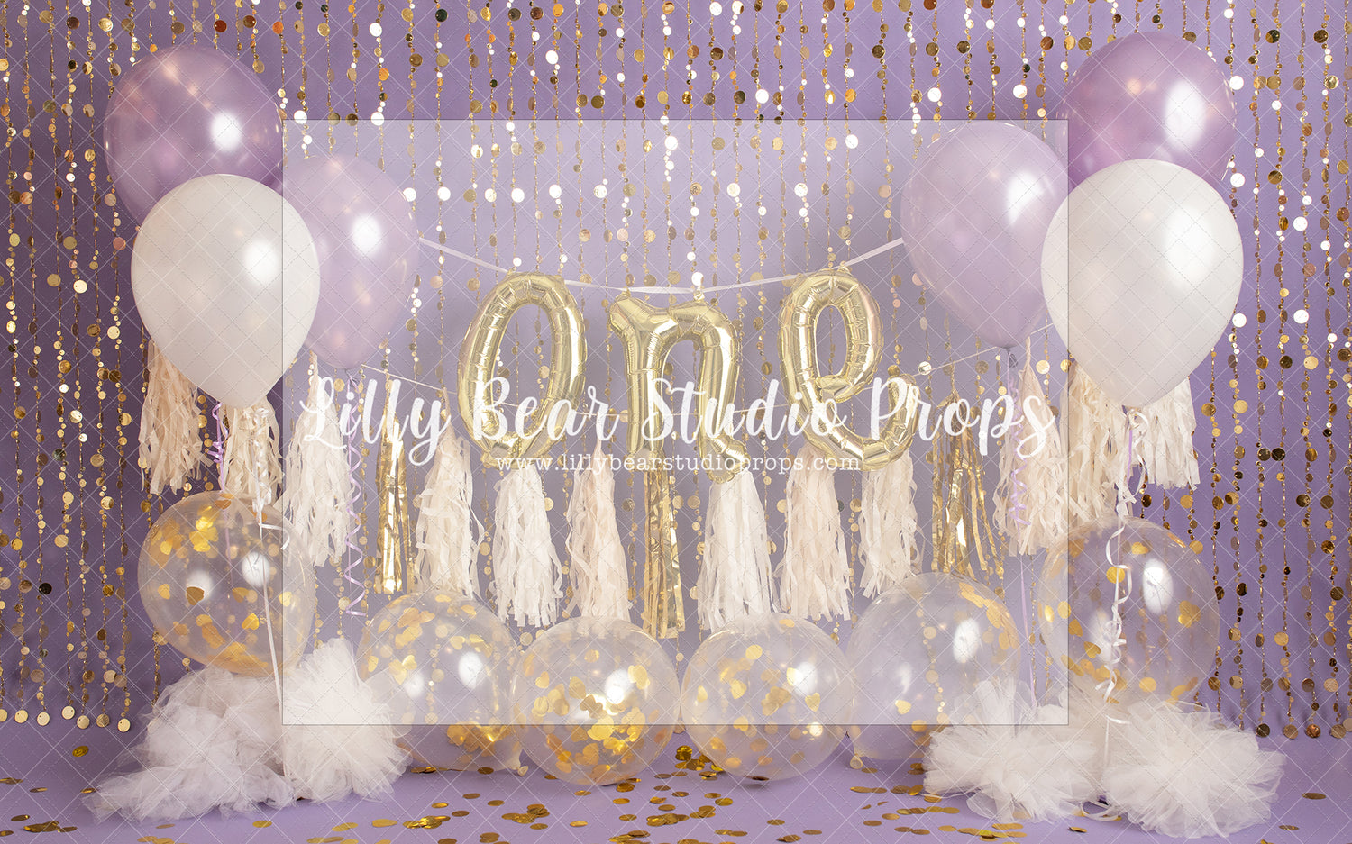 Confetti One - Lilly Bear Studio Props, birthday girl, confetti balloons, gold balloons, gold confetti, gold confetti balloons, gold one, one, purple balloons, tassle banner, tassles, white balloons