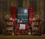 Country Christmas Goodnight Moon Nook - Lilly Bear Studio Props, bench, candles, christmas, christmas window, Fabric, FABRICS, moon, night window, pillows, plaid pillows, red curtains, red shudders, santa window, shudders, snow window, white window, window, window ledge, window light, windows, winter, winter window, wreath, Wrinkle Free Fabric