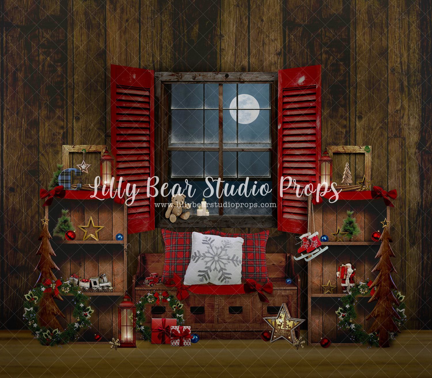 Country Christmas Goodnight Moon Nook - Lilly Bear Studio Props, bench, candles, christmas, christmas window, Fabric, FABRICS, moon, night window, pillows, plaid pillows, red curtains, red shudders, santa window, shudders, snow window, white window, window, window ledge, window light, windows, winter, winter window, wreath, Wrinkle Free Fabric