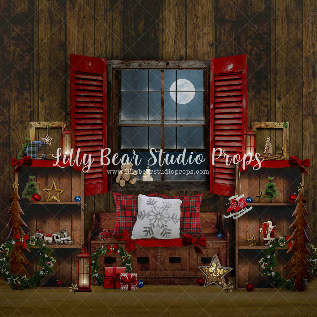 Country Christmas Goodnight Moon Nook - Lilly Bear Studio Props, bench, candles, christmas, christmas window, Fabric, FABRICS, moon, night window, pillows, plaid pillows, red curtains, red shudders, santa window, shudders, snow window, white window, window, window ledge, window light, windows, winter, winter window, wreath, Wrinkle Free Fabric
