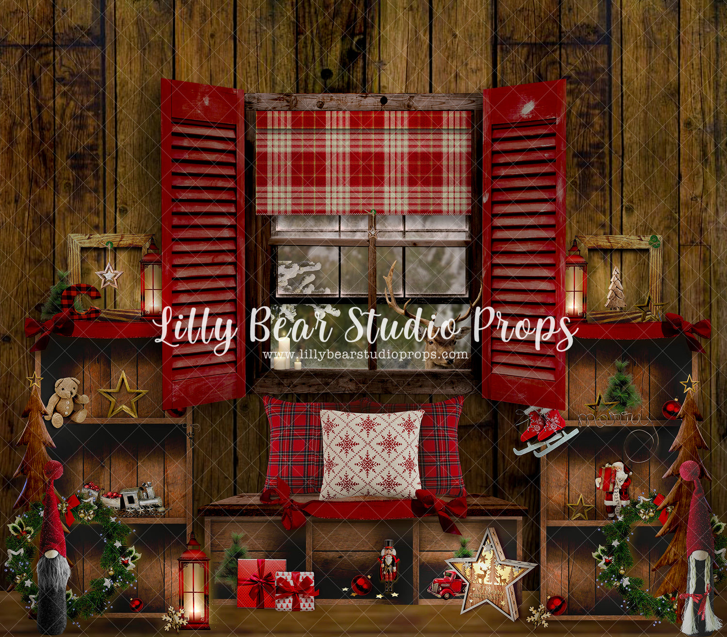 Country Christmas Nook - Lilly Bear Studio Props, bench, candles, christmas, christmas window, Fabric, FABRICS, moon, night window, pillows, plaid pillows, red curtains, red shudders, reindeer, santa window, santa's reindeer, shudders, snow window, white window, window, window ledge, window light, windows, winter, winter window, wreath, Wrinkle Free Fabric