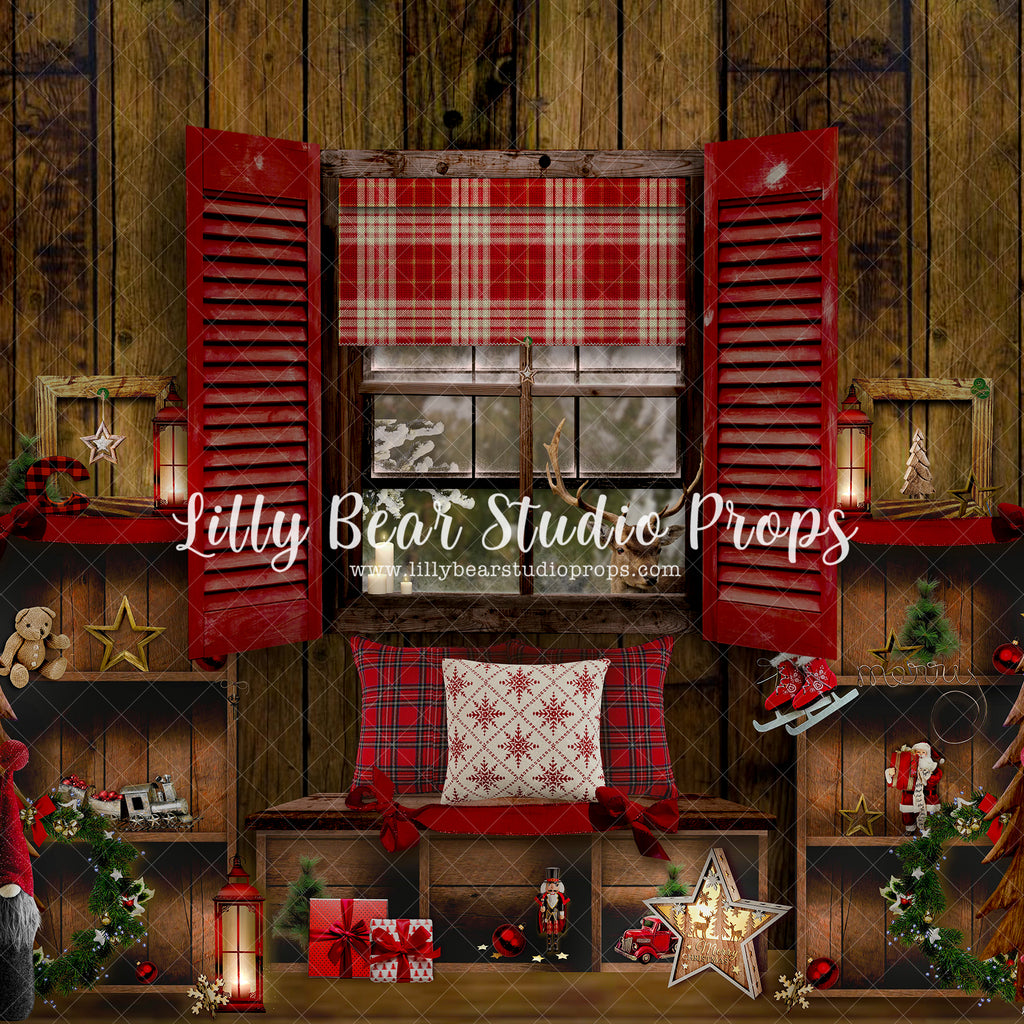 Country Christmas Nook - Lilly Bear Studio Props, bench, candles, christmas, christmas window, Fabric, FABRICS, moon, night window, pillows, plaid pillows, red curtains, red shudders, reindeer, santa window, santa's reindeer, shudders, snow window, white window, window, window ledge, window light, windows, winter, winter window, wreath, Wrinkle Free Fabric
