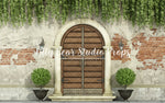 Courtyard Entry - Lilly Bear Studio Props, barn doors, barndoors, brick, Brick Wall, courtyard, cracked brick, cracked brick wall, distressed brick, door, door wall, doors, doorway, exposed brick, Fabric, FABRICS, garden, garden entry, grunge brick, hanging vines, neutral brick, primary doors, rustic brick, rustic door, rustic doors, spring, spring hill, terrace, topiary trees, tree, vines, vintage brick, vintage cracked brick, wood doors, Wrinkle Free Fabric