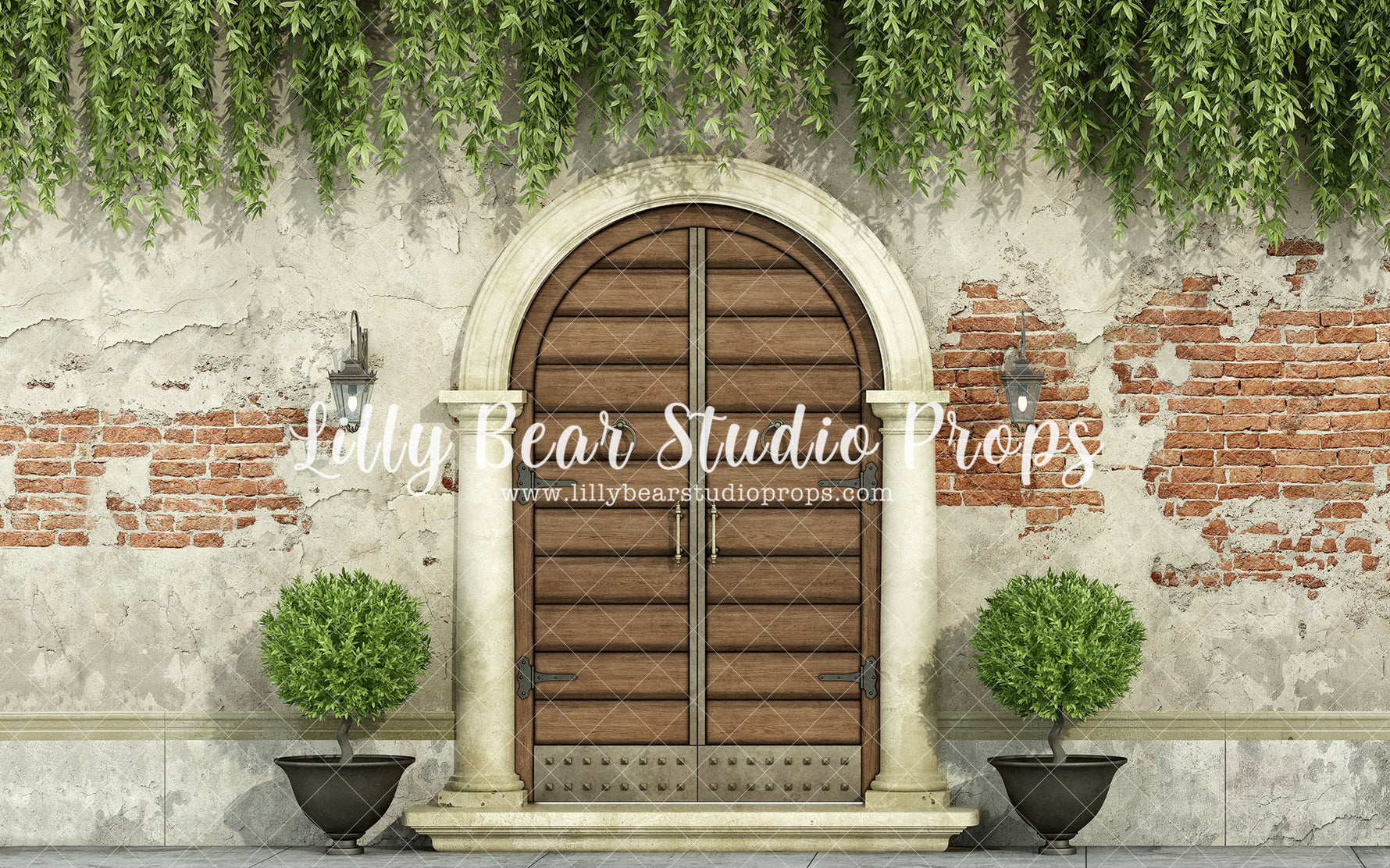 Courtyard Entry - Lilly Bear Studio Props, barn doors, barndoors, brick, Brick Wall, courtyard, cracked brick, cracked brick wall, distressed brick, door, door wall, doors, doorway, exposed brick, Fabric, FABRICS, garden, garden entry, grunge brick, hanging vines, neutral brick, primary doors, rustic brick, rustic door, rustic doors, spring, spring hill, terrace, topiary trees, tree, vines, vintage brick, vintage cracked brick, wood doors, Wrinkle Free Fabric
