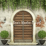 Courtyard Entry - Lilly Bear Studio Props, barn doors, barndoors, brick, Brick Wall, courtyard, cracked brick, cracked brick wall, distressed brick, door, door wall, doors, doorway, exposed brick, Fabric, FABRICS, garden, garden entry, grunge brick, hanging vines, neutral brick, primary doors, rustic brick, rustic door, rustic doors, spring, spring hill, terrace, topiary trees, tree, vines, vintage brick, vintage cracked brick, wood doors, Wrinkle Free Fabric