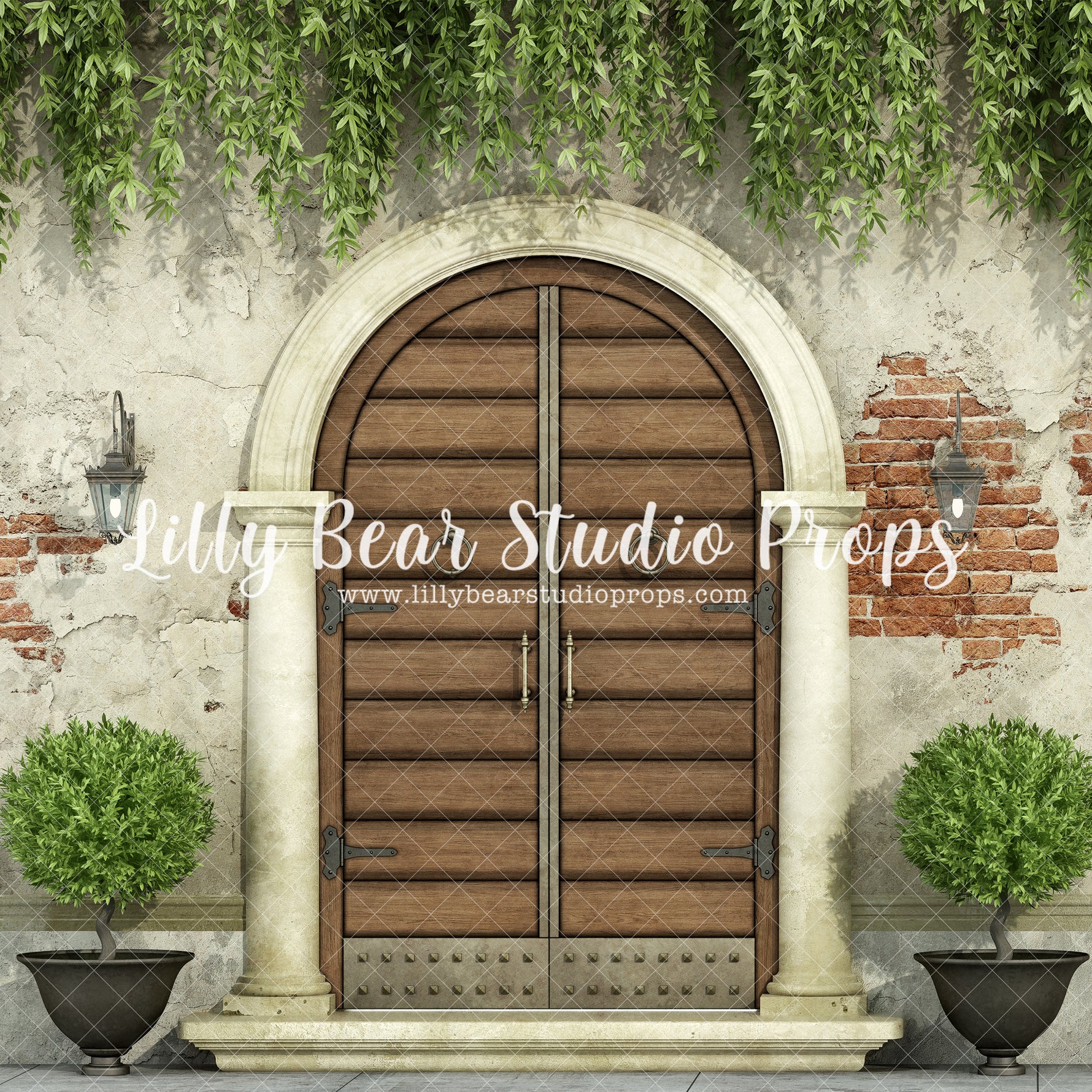 Courtyard Entry - Lilly Bear Studio Props, barn doors, barndoors, brick, Brick Wall, courtyard, cracked brick, cracked brick wall, distressed brick, door, door wall, doors, doorway, exposed brick, Fabric, FABRICS, garden, garden entry, grunge brick, hanging vines, neutral brick, primary doors, rustic brick, rustic door, rustic doors, spring, spring hill, terrace, topiary trees, tree, vines, vintage brick, vintage cracked brick, wood doors, Wrinkle Free Fabric