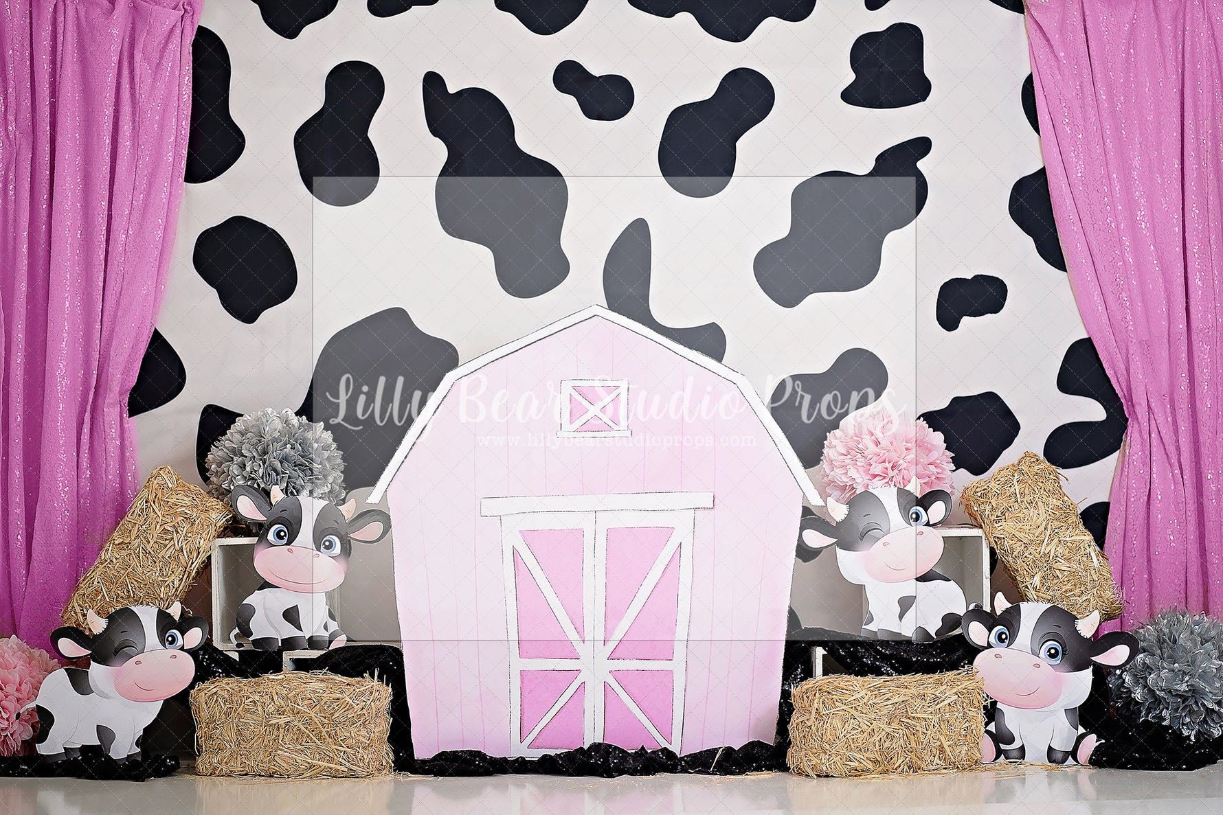 Cow Girl - Lilly Bear Studio Props, 101 puppies, animal farm, barn, cow, cows, farm, farmer, hay, pink barn, scarecrow, Wrinkle Free Fabric