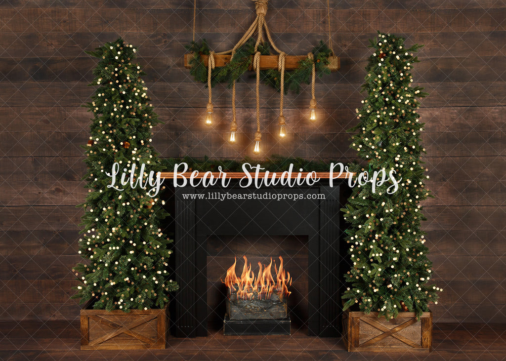 Cozy Mountainview Room - Lilly Bear Studio Props, black fireplace, bohemian christmas, bohemian fireplace, bohemian mantel, boho, boho christmas, boho holiday, boho mantel, christmas, christmas mantel, christmas village, evergreen trees, evergreens, Fabric, fireplace, holiday, holiday christmas, mantel, Pampas, pine trees, white christmas, white holiday, Wrinkle Free Fabric