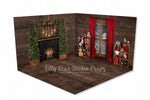 Cozy Mountainview Room - Lilly Bear Studio Props, black fireplace, bohemian christmas, bohemian fireplace, bohemian mantel, boho, boho christmas, boho holiday, boho mantel, christmas, christmas mantel, christmas village, evergreen trees, evergreens, Fabric, fireplace, holiday, holiday christmas, mantel, Pampas, pine trees, white christmas, white holiday, Wrinkle Free Fabric