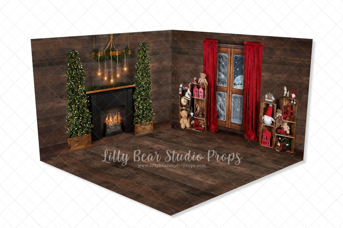 Cozy Mountainview Room - Lilly Bear Studio Props, black fireplace, bohemian christmas, bohemian fireplace, bohemian mantel, boho, boho christmas, boho holiday, boho mantel, christmas, christmas mantel, christmas village, evergreen trees, evergreens, Fabric, fireplace, holiday, holiday christmas, mantel, Pampas, pine trees, white christmas, white holiday, Wrinkle Free Fabric