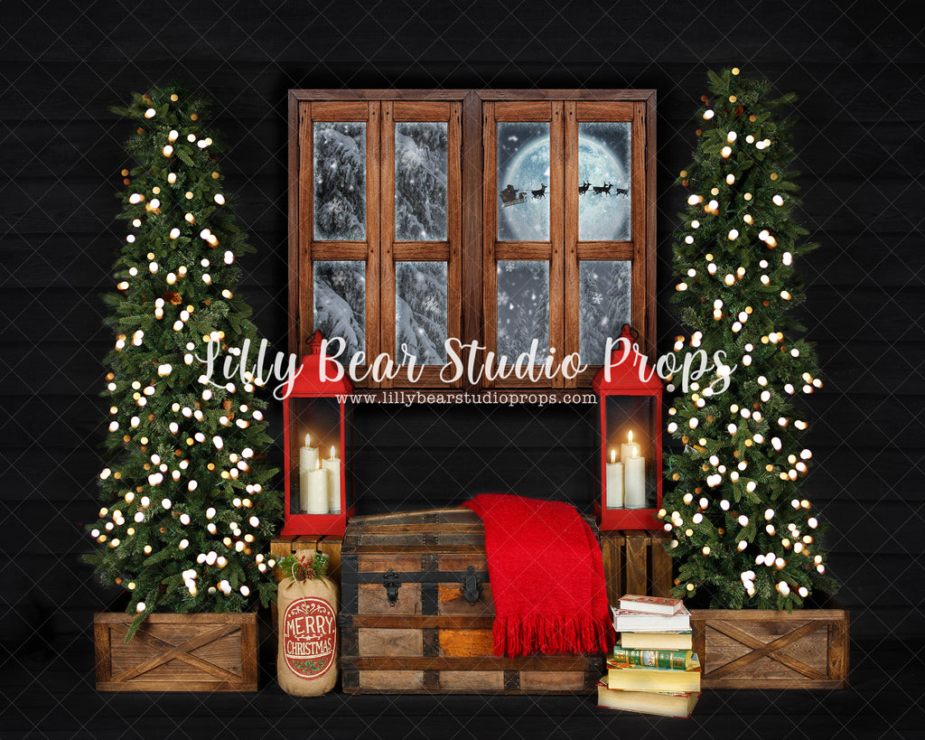 Cozy Santa Window - Lilly Bear Studio Props, arctic pines, christmas, christmas village, evergreen trees, evergreens, Fabric, holiday, holiday christmas, lanterns, pine trees, red lanterns, santa, santa mail, santa presents, santa shop, santa sled, santa window, silver winter, snow, snowflakes, snowy forest, snowy pine, snowy pine trees, snowy trees, village, white christmas, white holiday, white winter, winter, winter christmas, winter diamond, Wrinkle Free Fabric