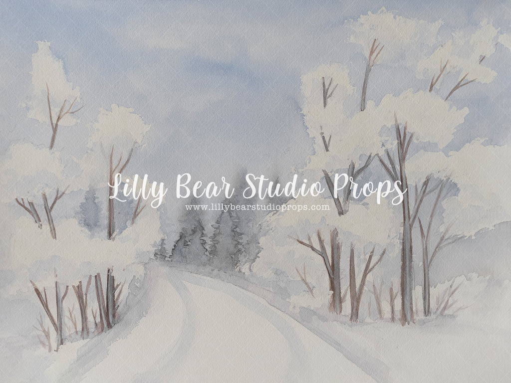Cupids Crossing - Lilly Bear Studio Props, blue sky, Fabric, hand painted, snow, snowy forest, snowy path, snowy trees, trees, white winter, winter, winter christmas, winter storm, winter trees, Wrinkle Free Fabric
