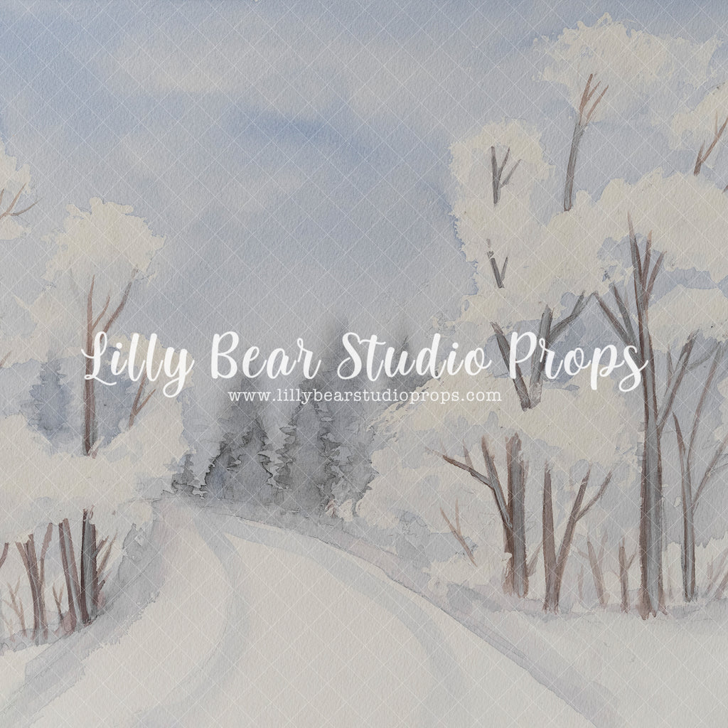 Cupids Crossing - Lilly Bear Studio Props, blue sky, Fabric, hand painted, snow, snowy forest, snowy path, snowy trees, trees, white winter, winter, winter christmas, winter storm, winter trees, Wrinkle Free Fabric