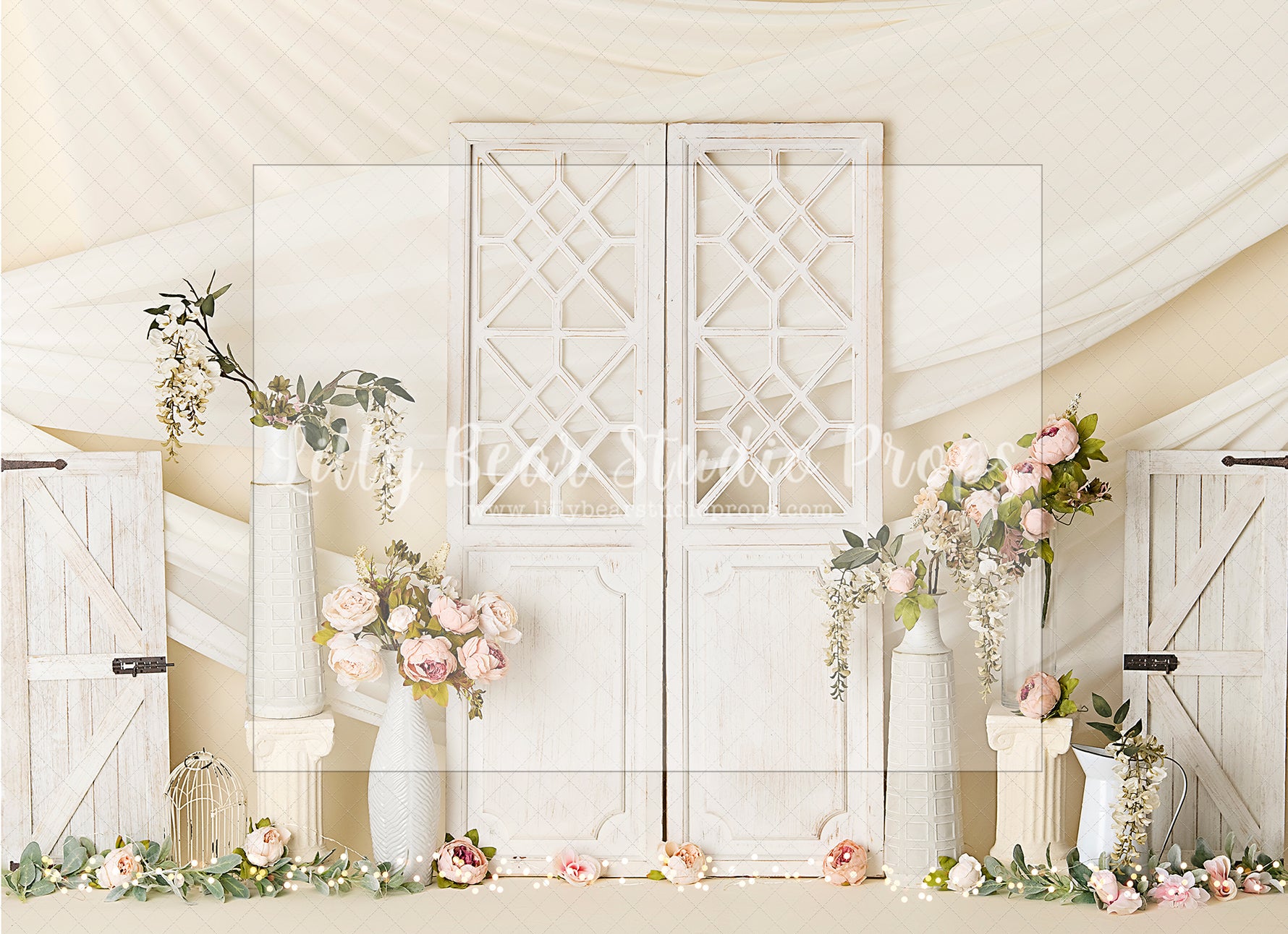 Curtain Drape Doors by Sweet Little Blessings - Lilly Bear Studio Props, blush roses, blushing, FABRICS, floral, floral doors, flower garden, girl, paper flower wall, paper flowers, pastel pink flowers, pink flowers, pink rose, pink roses, white doors, windows