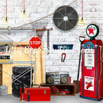 Dads Workshop Brick - Lilly Bear Studio Props, barn, barn doors, barn wood, barn wood planks, barnwood, brick, brick wall, cars, Fabric, FABRICS, garage, gas, gas station, mechanic, motorcycle, rustic door, rustic metal, stop sign, street sign, tire, tires, tool box, tools, vintage car, vintage gas pump, wind mill, wood crate, Wrinkle Free Fabric