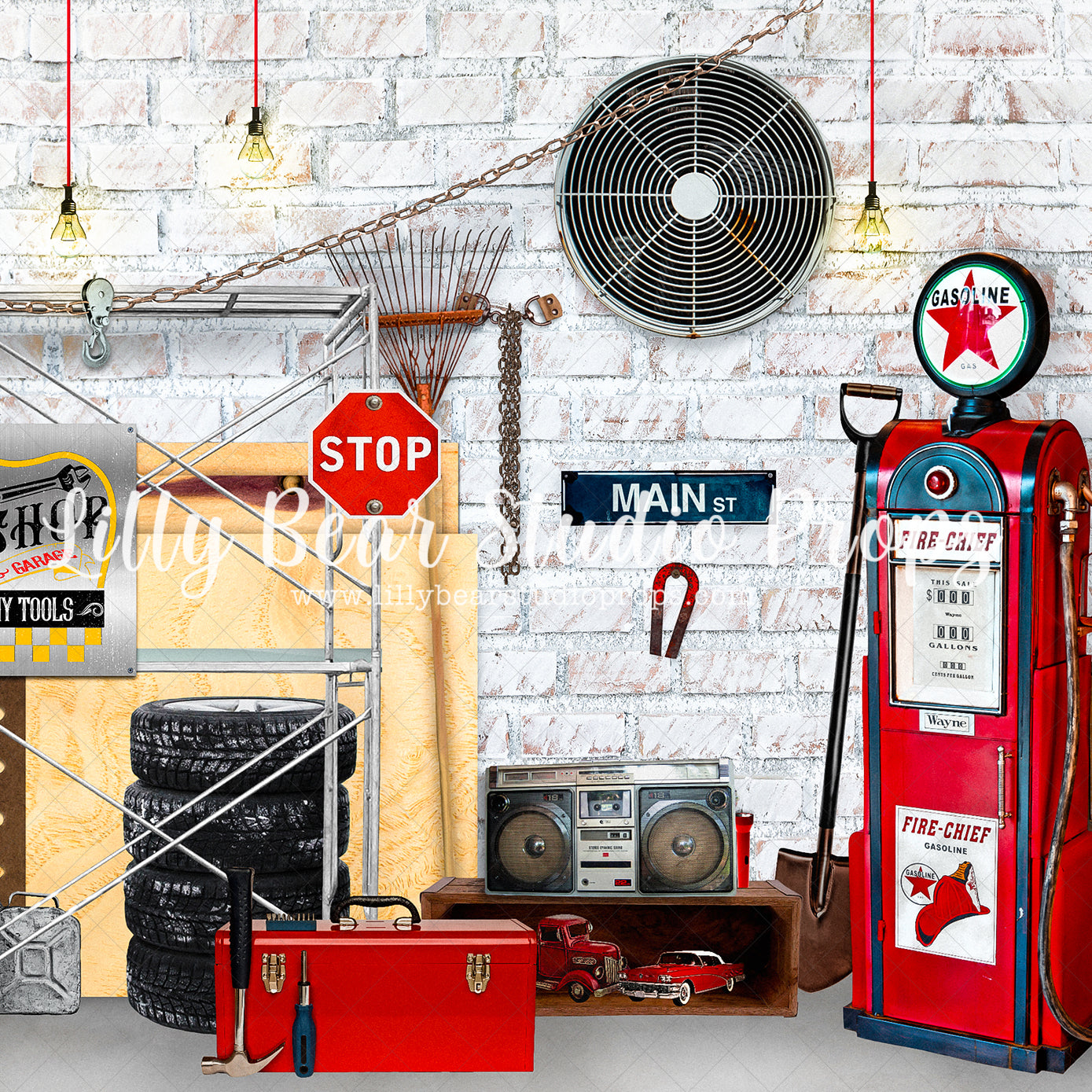 Dads Workshop Brick - Lilly Bear Studio Props, barn, barn doors, barn wood, barn wood planks, barnwood, brick, brick wall, cars, Fabric, FABRICS, garage, gas, gas station, mechanic, motorcycle, rustic door, rustic metal, stop sign, street sign, tire, tires, tool box, tools, vintage car, vintage gas pump, wind mill, wood crate, Wrinkle Free Fabric