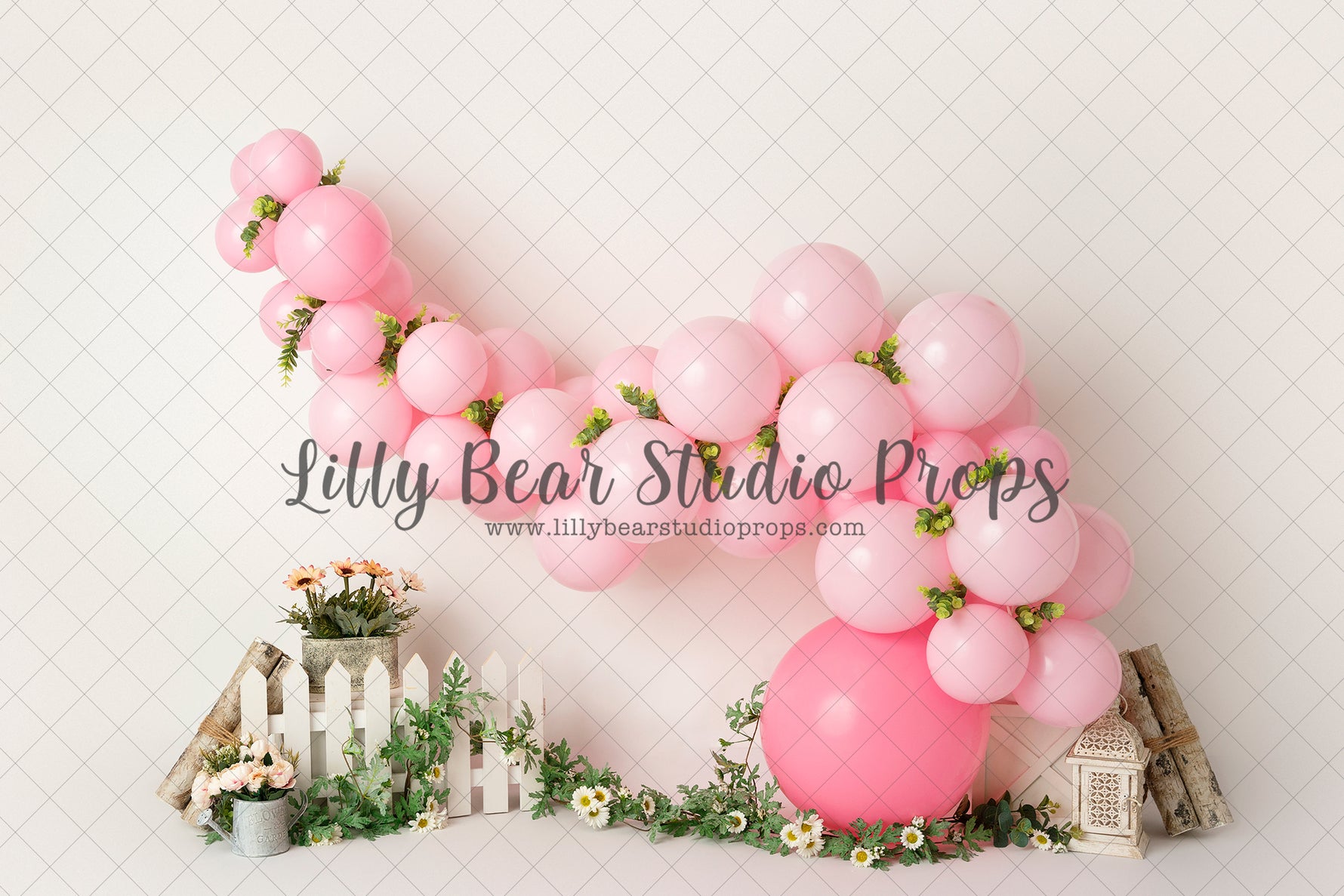 Daisies Farm - Lilly Bear Studio Props, balloon and leaves, balloon arland, balloon garland, daisies, floral balloons, girl balloon garland, pink balloon, pink balloon garland, pink balloons, spring balloons, white and pink balloons