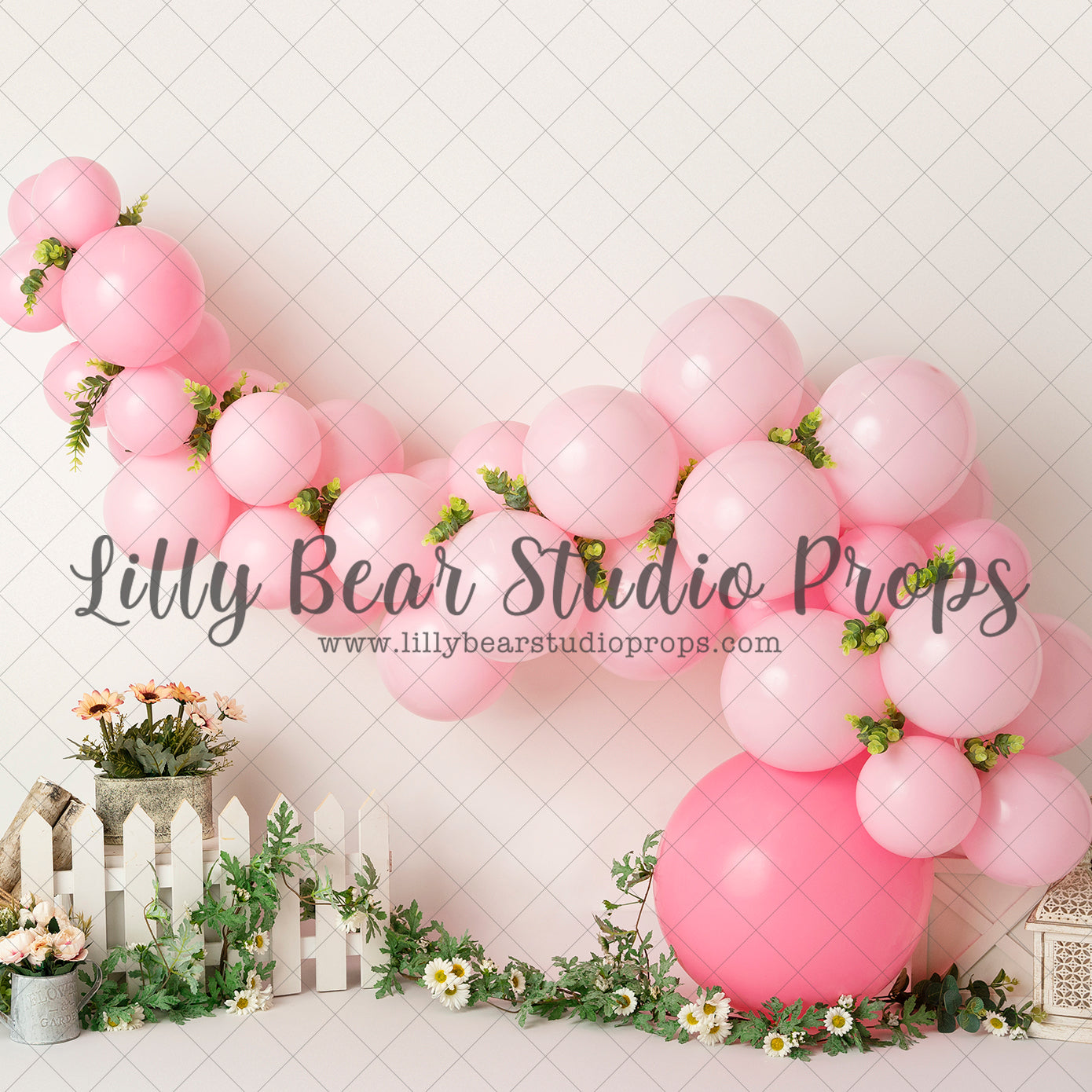 Daisies Farm - Lilly Bear Studio Props, balloon and leaves, balloon arland, balloon garland, daisies, floral balloons, girl balloon garland, pink balloon, pink balloon garland, pink balloons, spring balloons, white and pink balloons