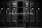 Dark Lockeroom - Lilly Bear Studio Props, black lockers, boy sports, football, football field, in the locker room, kick ball, locker room, lockers, school lockers, soccer, sport birthday, sport field, sport locker, sports, sports field, sports game, sports party, sports team, sports theme, super bowl, Wrinkle Free Fabric