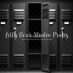 Dark Lockeroom - Lilly Bear Studio Props, black lockers, boy sports, football, football field, in the locker room, kick ball, locker room, lockers, school lockers, soccer, sport birthday, sport field, sport locker, sports, sports field, sports game, sports party, sports team, sports theme, super bowl, Wrinkle Free Fabric