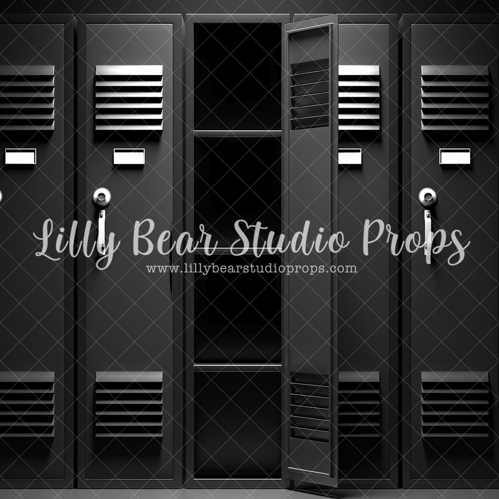 Dark Lockeroom - Lilly Bear Studio Props, black lockers, boy sports, football, football field, in the locker room, kick ball, locker room, lockers, school lockers, soccer, sport birthday, sport field, sport locker, sports, sports field, sports game, sports party, sports team, sports theme, super bowl, Wrinkle Free Fabric