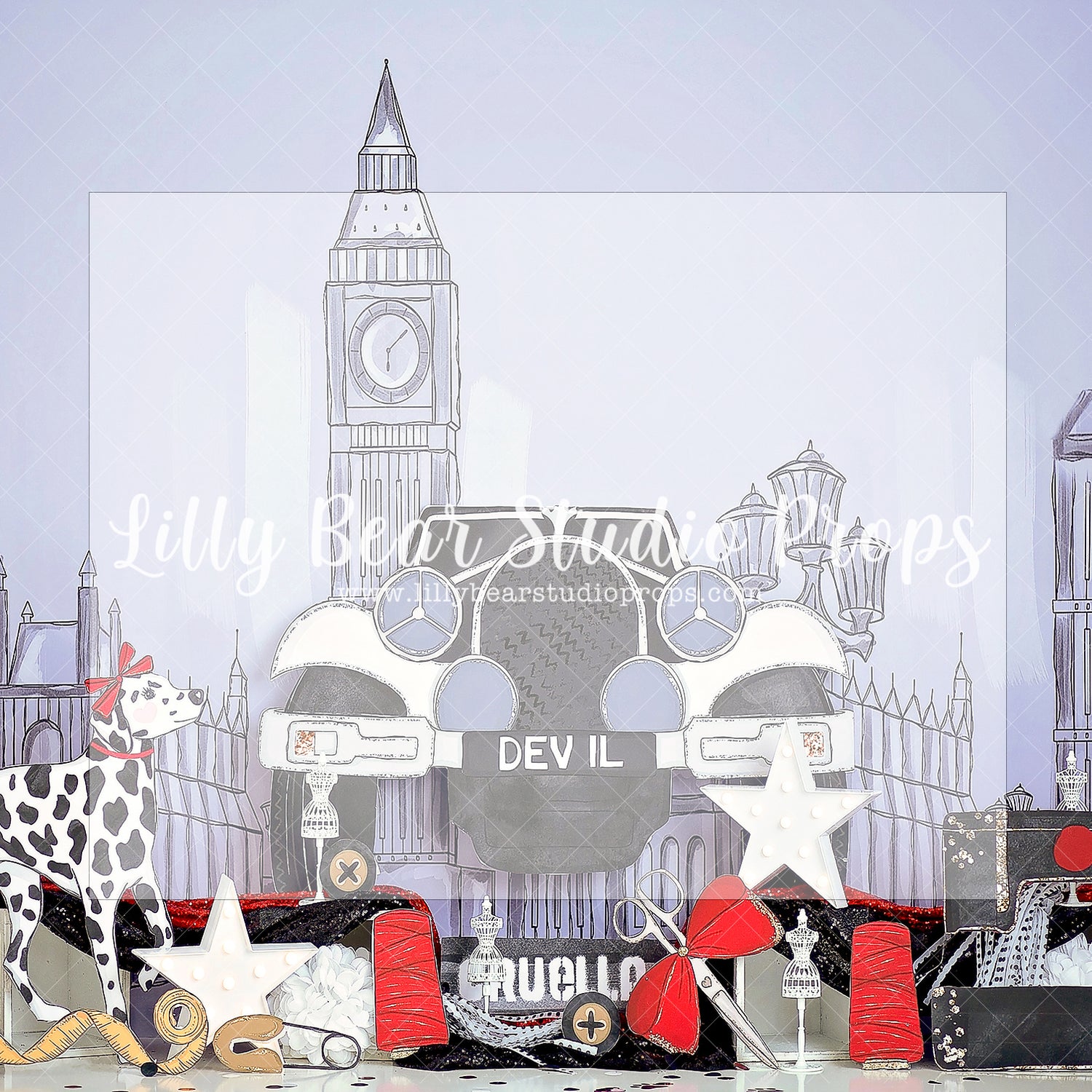 De Vil Avenue - Lilly Bear Studio Props, 101 dalmations, 101 dogs, 101 puppies, big ben, black and white, black and white spots, cruella, cruella devil, dalmation spots, dalmations, fashion, outfit, paris, puppies, puppy spots, scissors, sewing, sewing needle