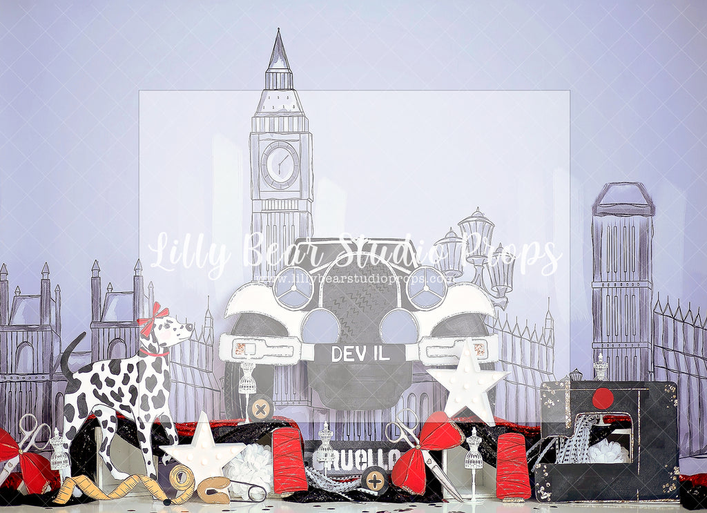 De Vil Avenue - Lilly Bear Studio Props, 101 dalmations, 101 dogs, 101 puppies, big ben, black and white, black and white spots, cruella, cruella devil, dalmation spots, dalmations, fashion, outfit, paris, puppies, puppy spots, scissors, sewing, sewing needle