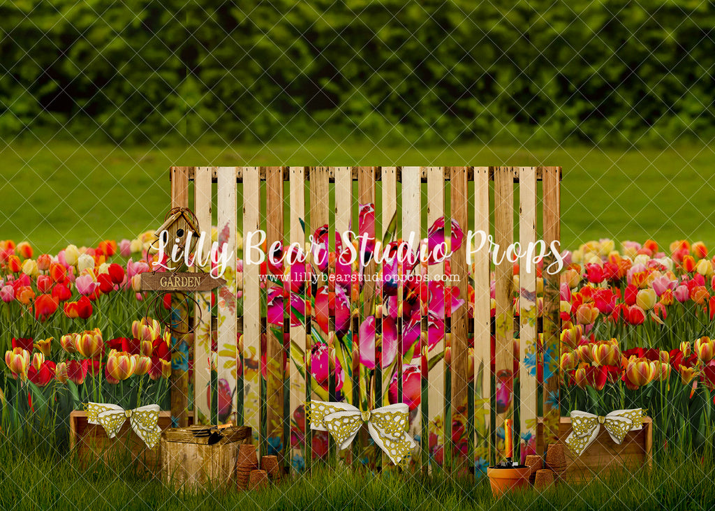 Decorated Tulip Garden Fence - Lilly Bear Studio Props, blue flowers, cherry, cherry blossoms, colourful rainbow, Fabric, FABRICS, ladder, pink flowers, spring garden, spring ladder, spring ladders, spring wall, tulip, tulips