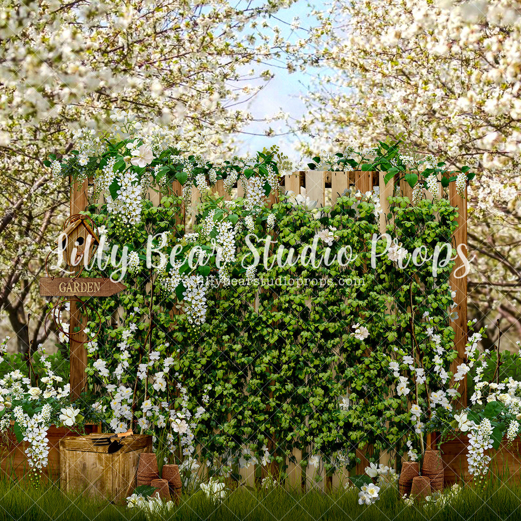 Decorated White Bloom Garden Fence - Lilly Bear Studio Props, blue flowers, cherry, cherry blossoms, colourful rainbow, Fabric, FABRICS, garden fence, ladder, pink flowers, spring, spring archway, spring blooms, spring floral, spring flowers, spring garden, spring ladder, spring ladders, spring time, spring tree, spring wall, springtime, tulip, tulips, white cherry blossoms