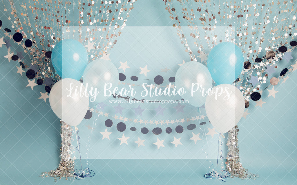 Decorative Party - Lilly Bear Studio Props, balloons, birthday, blue, blue and gold, blue and gold balloons, blue balloons, boy birthday, navy, one, polka dot, royal, royalty, silver, silver beads, silver confetti, silver confetti balloon, silver curtains, silver stars, stars, tassles, white balloons