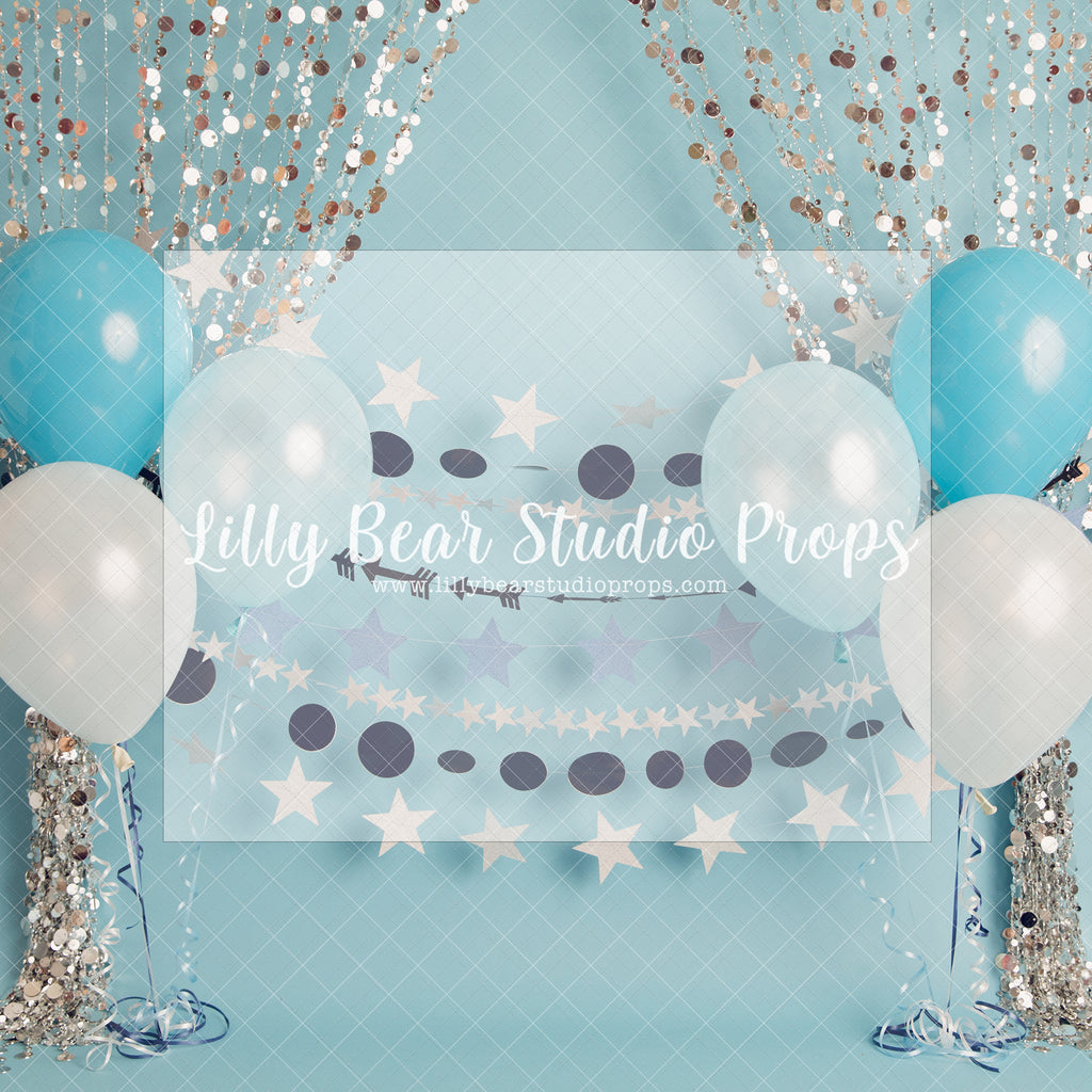 Decorative Party - Lilly Bear Studio Props, balloons, birthday, blue, blue and gold, blue and gold balloons, blue balloons, boy birthday, navy, one, polka dot, royal, royalty, silver, silver beads, silver confetti, silver confetti balloon, silver curtains, silver stars, stars, tassles, white balloons