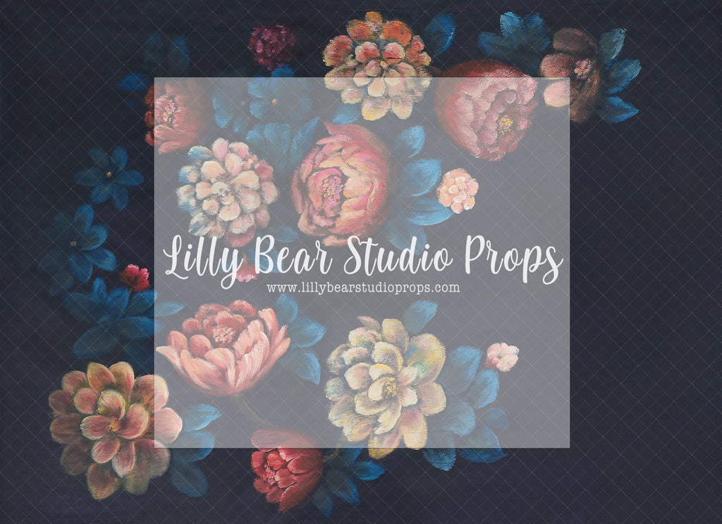 Deep Blue Pearls by Sissi Wang - Lilly Bear Studio Props, blue flowers, FABRICS, fine art, floral, floral garden, floral sweep, flowers, garden flowers, hand painted, hand painted floral, painted, painted flowers, pink, pink flowers, sweep, textured, yellow flowers
