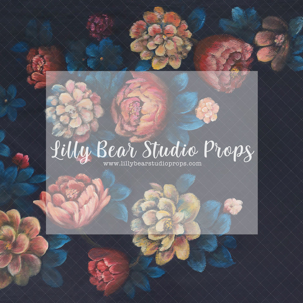 Deep Blue Pearls by Sissi Wang - Lilly Bear Studio Props, blue flowers, FABRICS, fine art, floral, floral garden, floral sweep, flowers, garden flowers, hand painted, hand painted floral, painted, painted flowers, pink, pink flowers, sweep, textured, yellow flowers