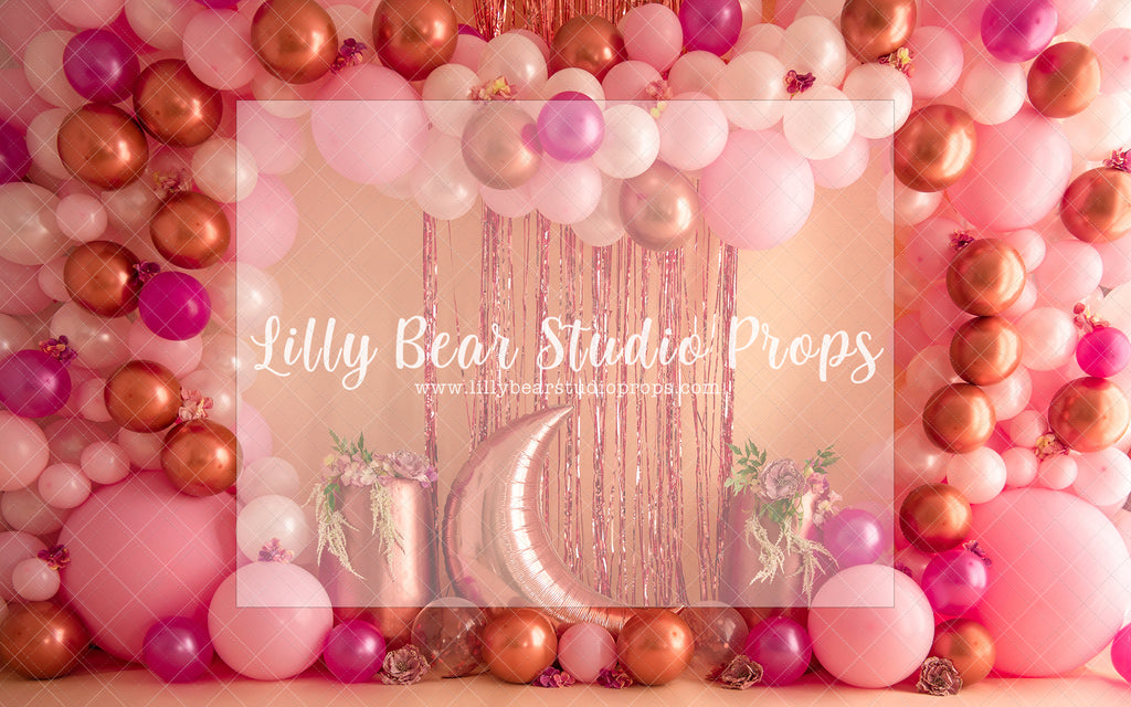 Over The Moon Balloon Arch - Lilly Bear Studio Props, balloon wall, gold star, gold stars, moon, moon and stars, pastel, stars, white balloon wall