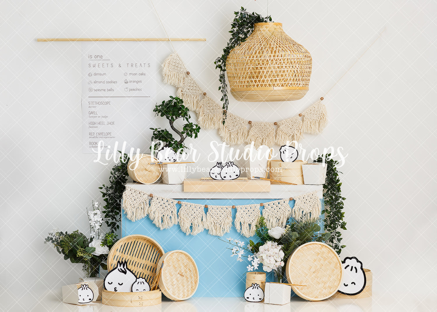 Dim Sum - Lilly Bear Studio Props, asian, bohemian dim sum, bohemian garland, bohemian light, Chinese food, dim sum, dim sum birthday, dim sum table, Fabric, FABRICS, food, food steamer, korean, macrame, steamer