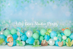 Dino Hatch - Lilly Bear Studio Props, blue floral, blue flowers, blue rainbow, dino, dino balloons, dino eggs, dino forest, Dino-roars, dinosaur, Fabric, jurassic, Jurassic park, little dino, pastel, pastel balloon garland, pastel balloons, pastel blue, pastel green, pastel wall, Wrinkle Free Fabric