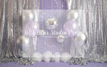 Disco Party - Lilly Bear Studio Props, birthday girl, chrome balloon, chrome silver, confetti balloons, one, purple balloons, silver balloons, silver curtains, silver fabric, silver garland, tassle banner, tassles