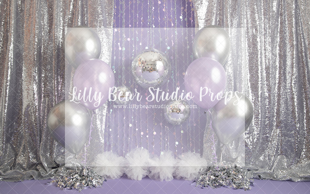Disco Party - Lilly Bear Studio Props, birthday girl, chrome balloon, chrome silver, confetti balloons, one, purple balloons, silver balloons, silver curtains, silver fabric, silver garland, tassle banner, tassles