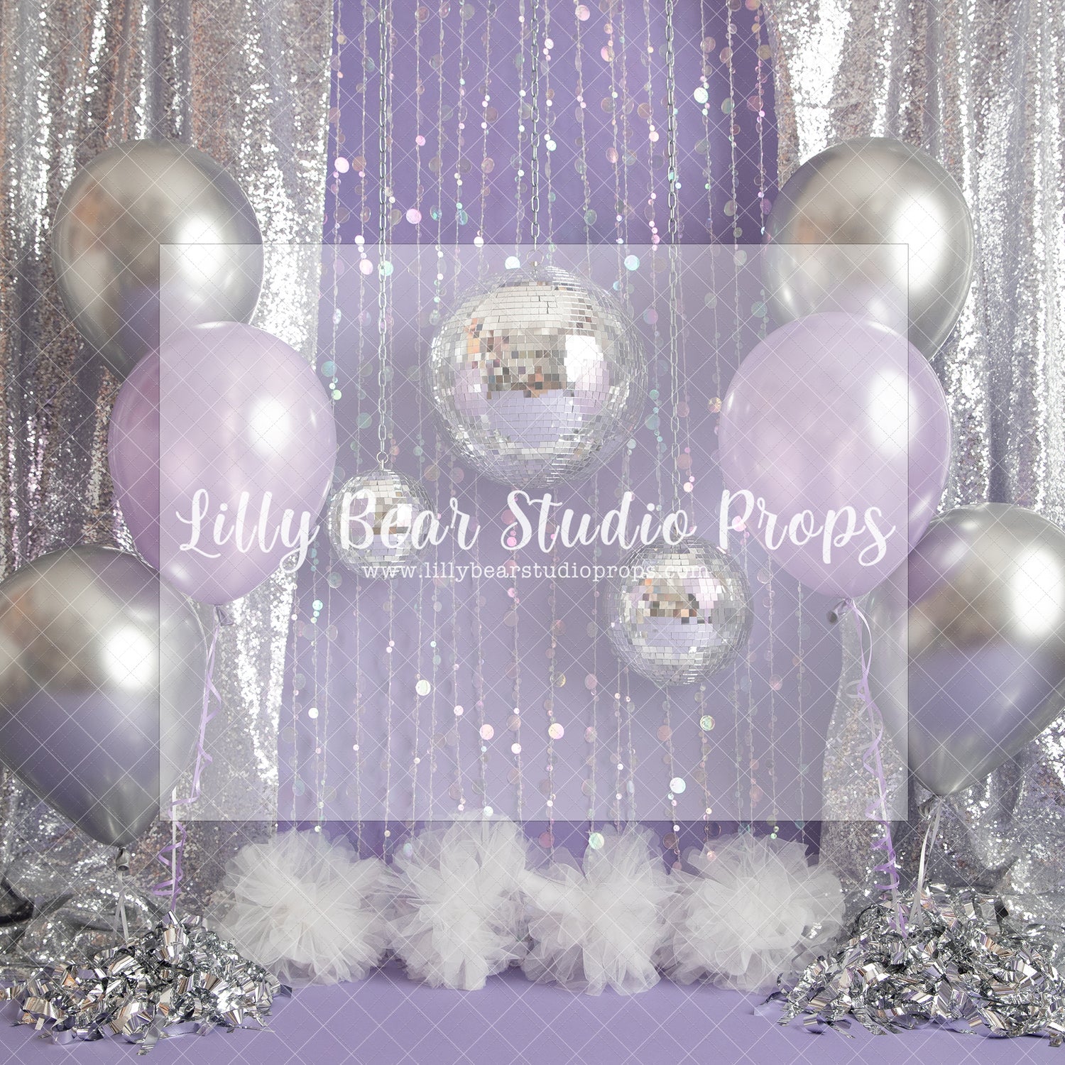 Disco Party - Lilly Bear Studio Props, birthday girl, chrome balloon, chrome silver, confetti balloons, one, purple balloons, silver balloons, silver curtains, silver fabric, silver garland, tassle banner, tassles