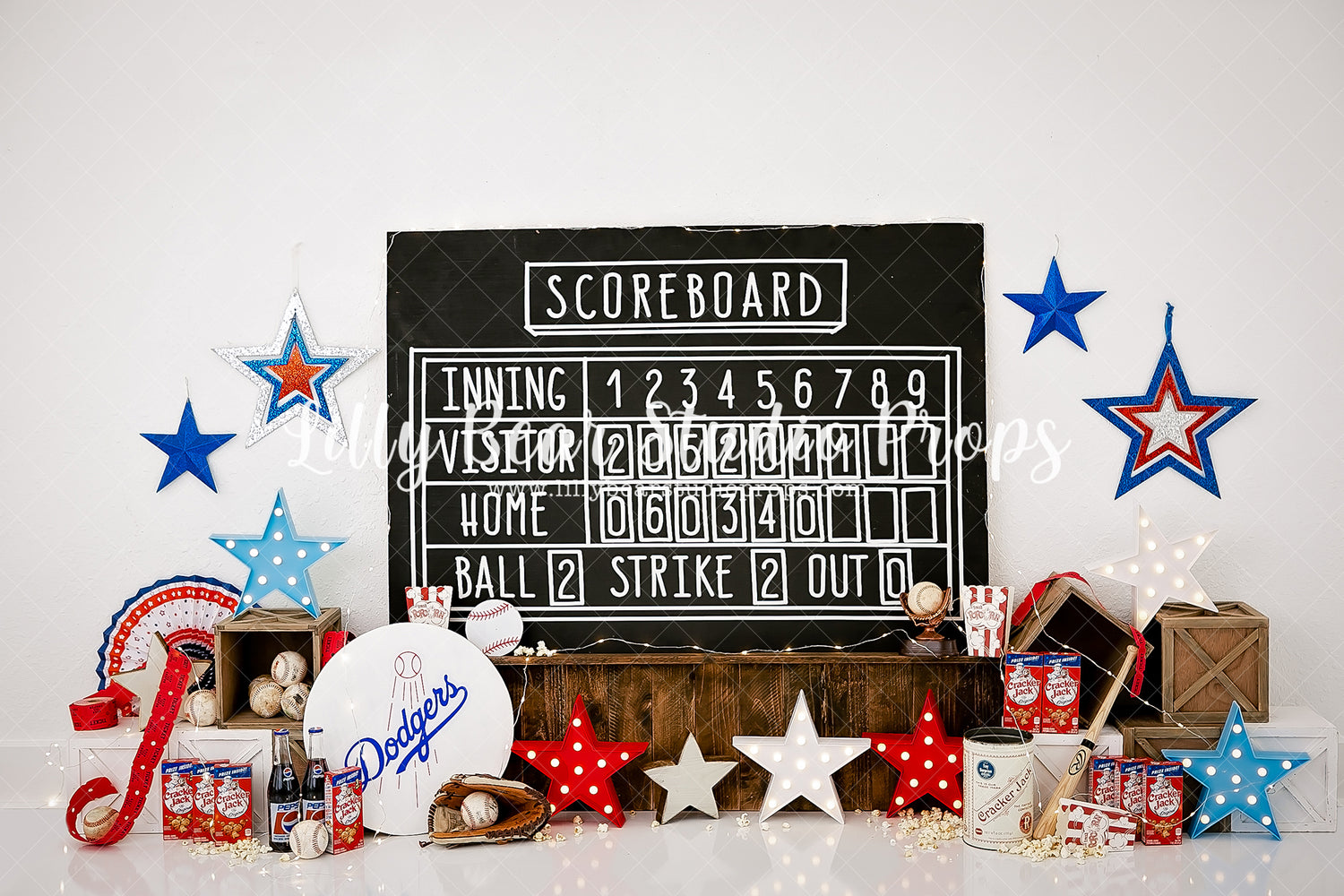Dodgers Stadium - Lilly Bear Studio Props, ball game, baseball, baseball balls, baseball bat, baseball birthday, baseball diamond, baseball field, baseball player, baseball star, blue and red, boy, boy sports, boy theme, Coka Cola, cracker jacks, distressed brick, dodgers, dodgers stadium, Fabric, FABRICS, game, home base, inning, pitcher, scoreboard, sport birthday, sports, sports game, sports theme, star, stars, take me out to the ball game, Wrinkle Free Fabric