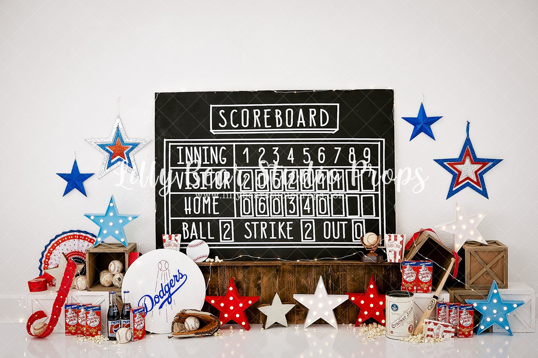 Dodgers Stadium - Lilly Bear Studio Props, ball game, baseball, baseball balls, baseball bat, baseball birthday, baseball diamond, baseball field, baseball player, baseball star, blue and red, boy, boy sports, boy theme, Coka Cola, cracker jacks, distressed brick, dodgers, dodgers stadium, Fabric, FABRICS, game, home base, inning, pitcher, scoreboard, sport birthday, sports, sports game, sports theme, star, stars, take me out to the ball game, Wrinkle Free Fabric