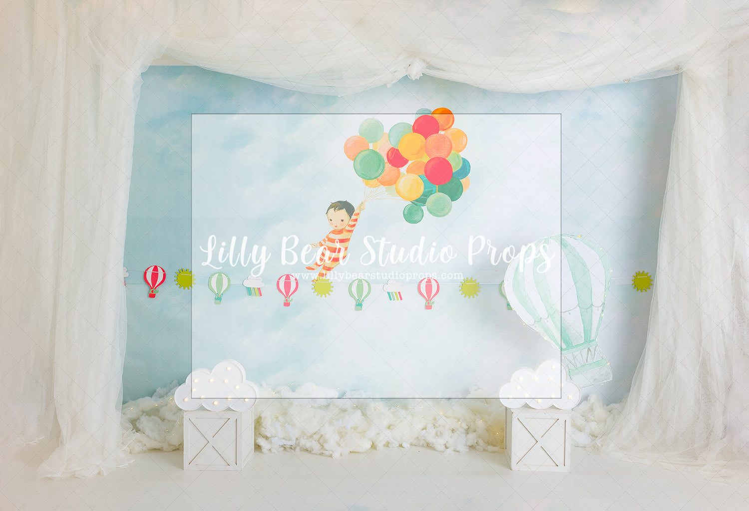 Don't Let Go - Lilly Bear Studio Props, birthday, blue, blue and white, blues, boy, boy birthday, boy theme, boys, cake smash, first birthday, hot air balloon, hot air balloon rainbow, hot air balloons, one year, party, sky blue, smash, smash birthday