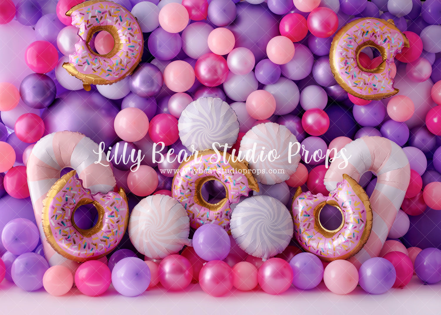 Donut Balloon Wall - Lilly Bear Studio Props, balloon, balloon party, balloon wall, balloons, birthday, cake smash, candy, candy balloons, candy treats, donut balloons, donuts, Fabric, girl balloons, girly, heart balloon, it's my party, pastel pink, pastel purple, pink balloons, pretty, pretty in pink, purple balloons, sweet treats, treats, Wrinkle Free Fabric