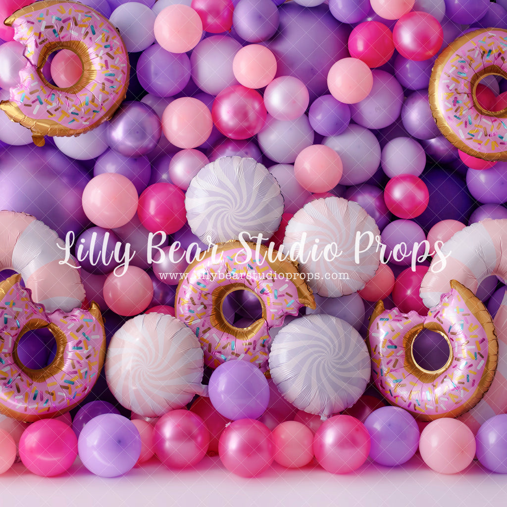 Donut Balloon Wall - Lilly Bear Studio Props, balloon, balloon party, balloon wall, balloons, birthday, cake smash, candy, candy balloons, candy treats, donut balloons, donuts, Fabric, girl balloons, girly, heart balloon, it's my party, pastel pink, pastel purple, pink balloons, pretty, pretty in pink, purple balloons, sweet treats, treats, Wrinkle Free Fabric